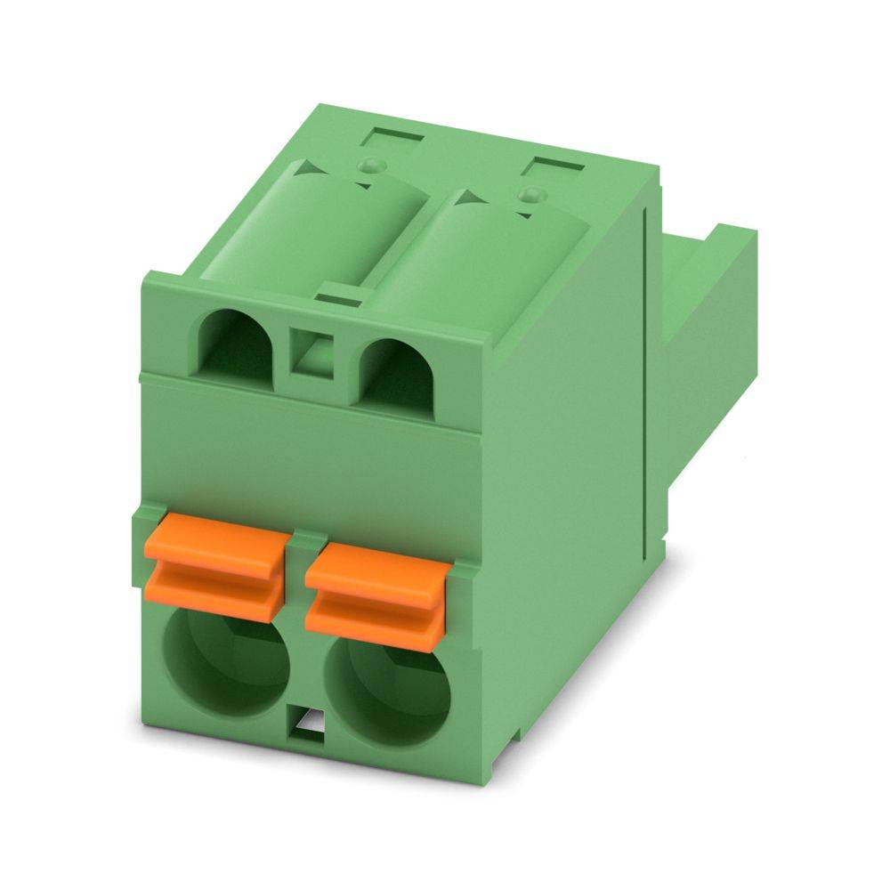 Ein grüner Terminalblock mit zwei orangefarbenen Hebeln, der für elektrische Verbindungen konzipiert ist und zwei Eingänge auf der Vorderseite aufweist.