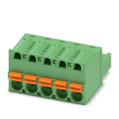 Ein grünes modulares Klemmleistenblock mit mehreren Steckplätzen, der zum Verbinden von Elektrokabeln verwendet wird. Verfügt über orangefarbene Hebel zum Befestigen von Drähten.