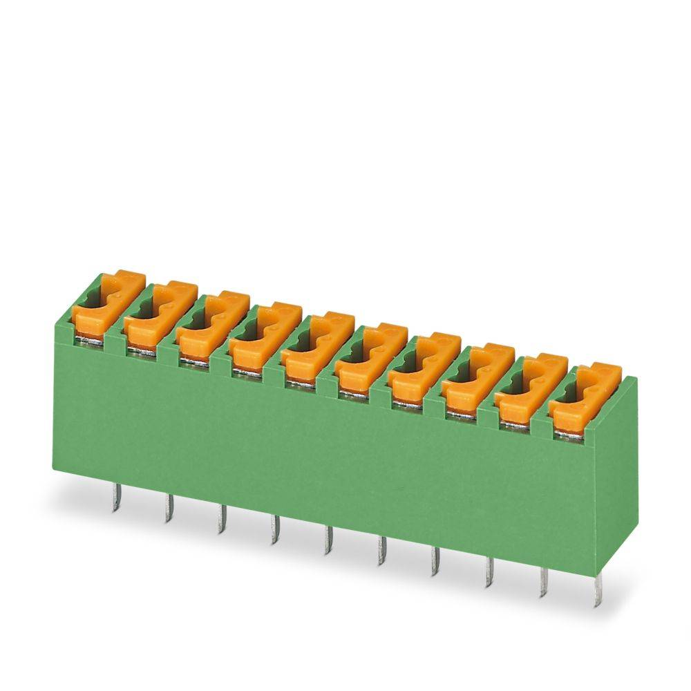 Ein grüner elektronischer Stecker mit orangefarbenen Hebeln, mehrere Stifte zum Befestigen auf Leiterplatten aufweisend, verwendet in elektronischen Baugruppen.