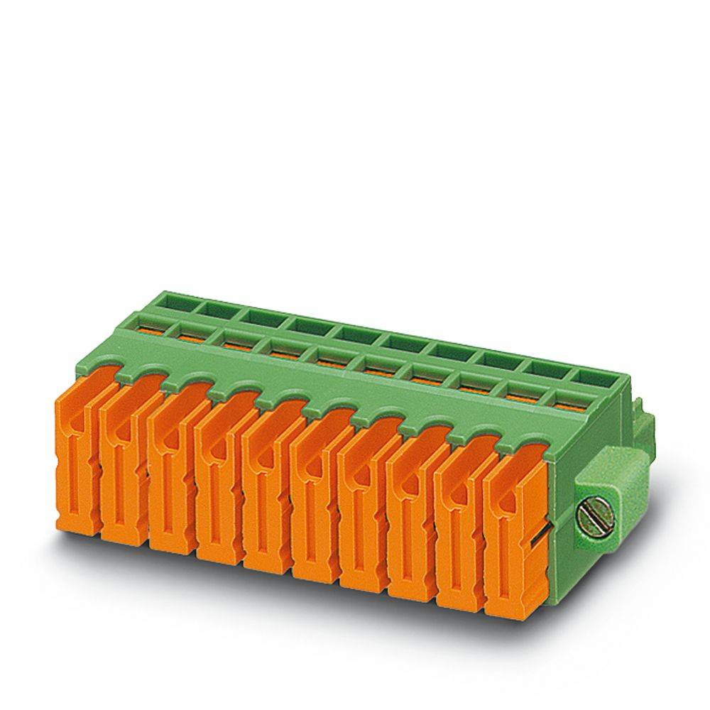 Ein grünes und oranges Elektrosteckermodul mit mehreren Anschlüssen und einer Schraubverriegelung, das zur sicheren Verdrahtung verwendet wird.