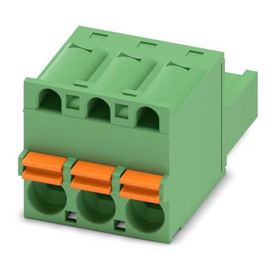 Ein grünes und orangefarbenes Elektroklemmenleiste mit drei Anschlusspunkten, die zum Befestigen und Verbinden von Elektrokabeln verwendet wird.