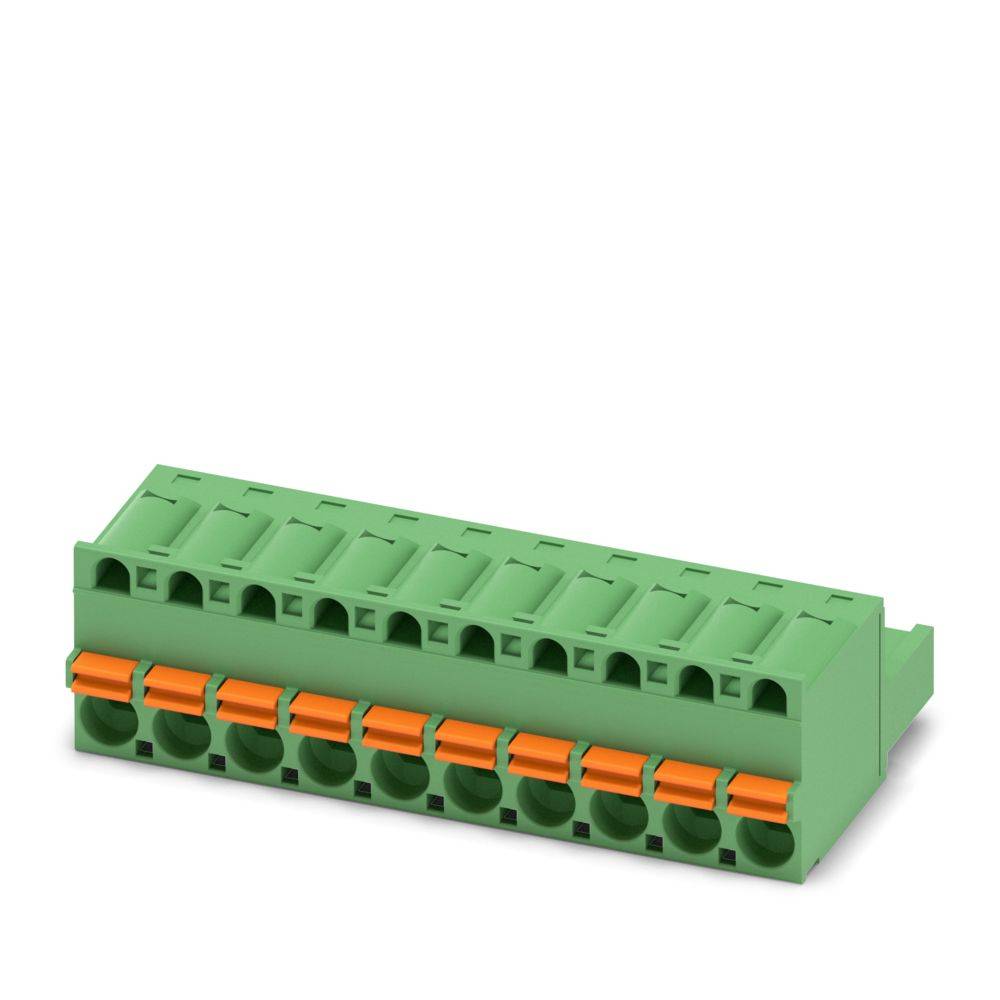 Ein grüner Klemmblock mit zehn orangefarbenen Anschlüssen, der zur Verdrahtung in elektronischen und elektrischen Anwendungen verwendet wird.