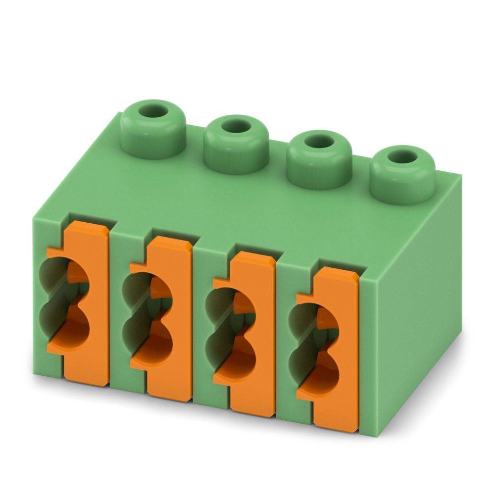 'Grün-orangener Elektrostecker-Block mit vier Anschlussplätzen für Verdrahtungsverbindungen.'