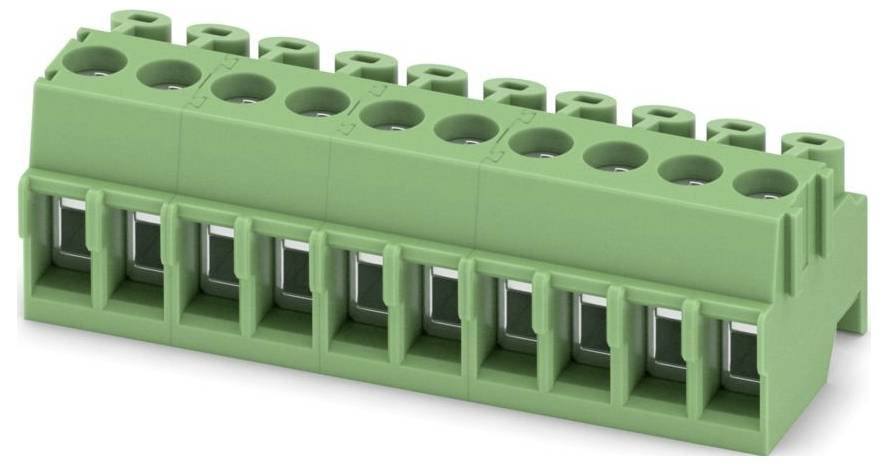 Ein grünes Schraubklemmleisten-Block mit zehn Positionen für elektronische Verbindungen, verwendet in Leiterplatten oder Schaltschränken für sichere Verdrahtung.