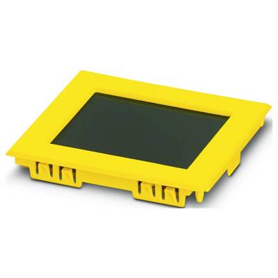 Ein rechteckiges gelbes Objekt mit einem dunklen Bildschirm in der Mitte, das an eine Komponente eines elektronischen Geräts erinnert, aus einem Winkel betrachtet.