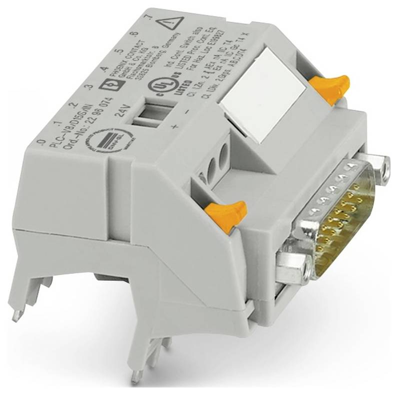 Ein grauer Industrie-Steckverbinder mit mehreren Metallkontakten und orangefarbenen Sicherungsclips, der zum Verbinden von Stromkreisen verwendet wird.