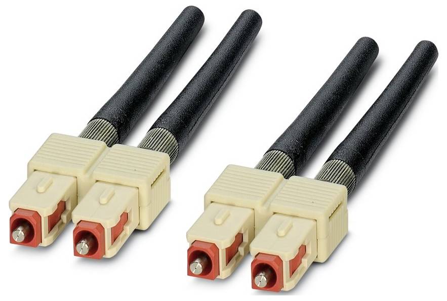 Zwei Duplex-LC-Glasfaserverbinder mit schwarzen Schutzabdeckungen, mit je zwei roten Steckern an beiden Enden.