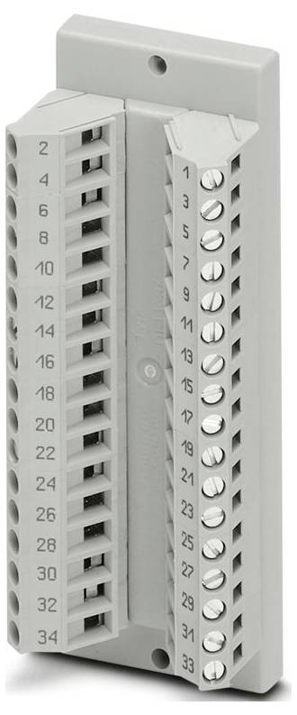 Grauer Klemmblock mit nummerierten Schraubklemmen, 1 bis 34, für Verdrahtungsverbindungen in elektrischen Anlagen.