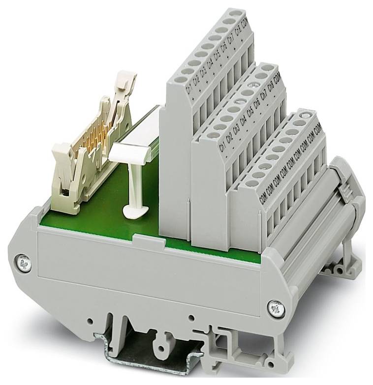Das Bild zeigt einen kompakten, mehrstufigen Klemmenblock mit mehreren Anschlußpunkten für die Drahtintegration in elektrischen Systemen.