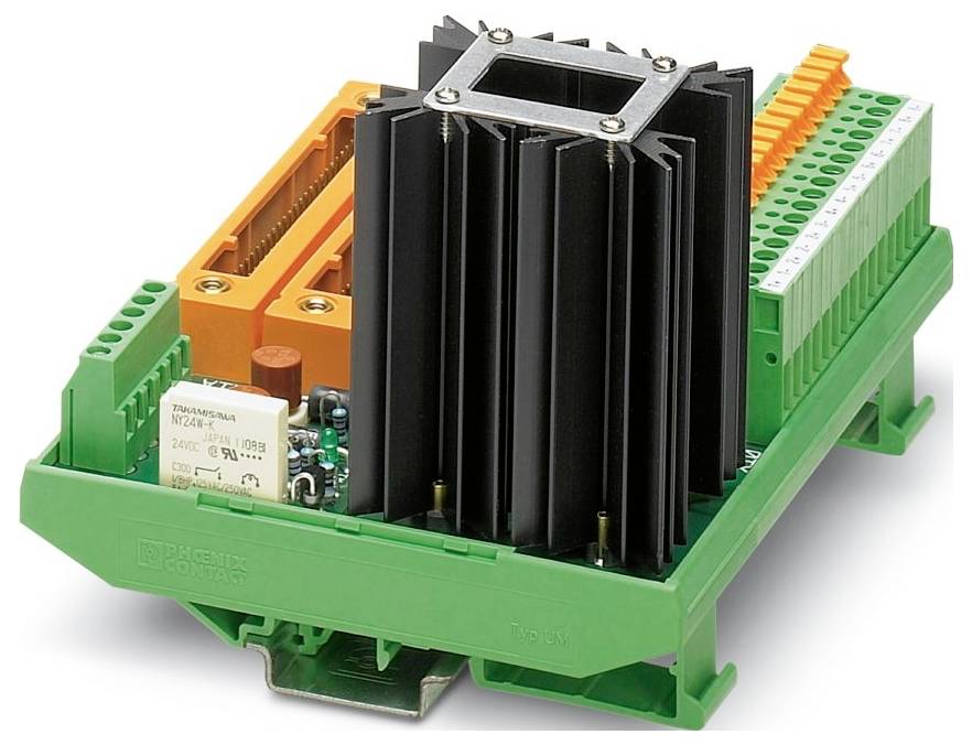 Grüne und orange elektronische Leiterplatte mit schwarzem Kühlkörper und verschiedenen Steckverbindern, verwendet für Automatisierungs- oder Elektroinstallationsanwendungen.