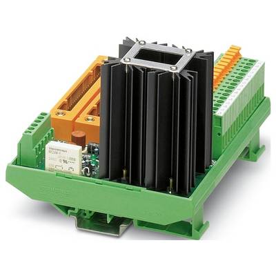 Grüne und orange elektronische Leiterplatte mit schwarzem Kühlkörper und verschiedenen Steckverbindern, verwendet für Automatisierungs- oder Elektroinstallationsanwendungen.