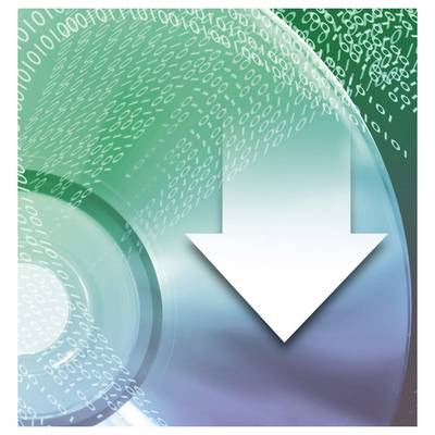 Eine CD mit Binärcode, der nach unten kaskadiert, überlagert durch einen weißen Pfeil nach unten, der einen Datendownload oder digitalen Informationstransfer symbolisiert.