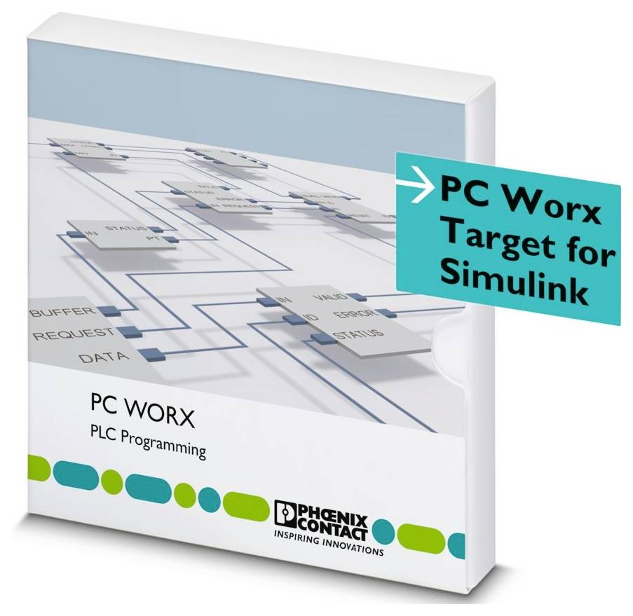 "PC WORX"-Paket mit einem Flussdiagramm von Programmierblöcken mit blauen Linien, gekennzeichnet als "PC Worx Target for Simulink".