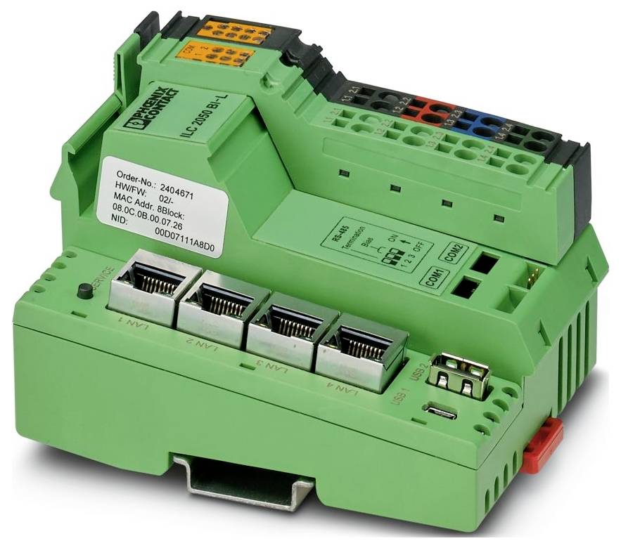 Ein grünes industrielles elektronisches Modul mit mehreren Anschlüssen und Steckverbindern mit der Bezeichnung 'Phoenix Contact'.