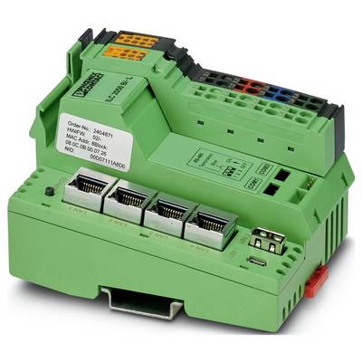 Ein grünes industrielles elektronisches Modul mit mehreren Anschlüssen und Steckverbindern mit der Bezeichnung 'Phoenix Contact'.