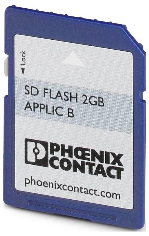 Eine blaue SD-Karte mit der Beschriftung „SD FLASH 2GB APPLIC B" von Phoenix Contact, die das Unternehmenslogo und die Website „phoenixcontact.com" trägt.