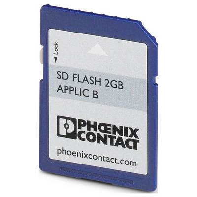 Eine blaue SD-Karte mit der Beschriftung „SD FLASH 2GB APPLIC B" von Phoenix Contact, die das Unternehmenslogo und die Website „phoenixcontact.com" trägt.