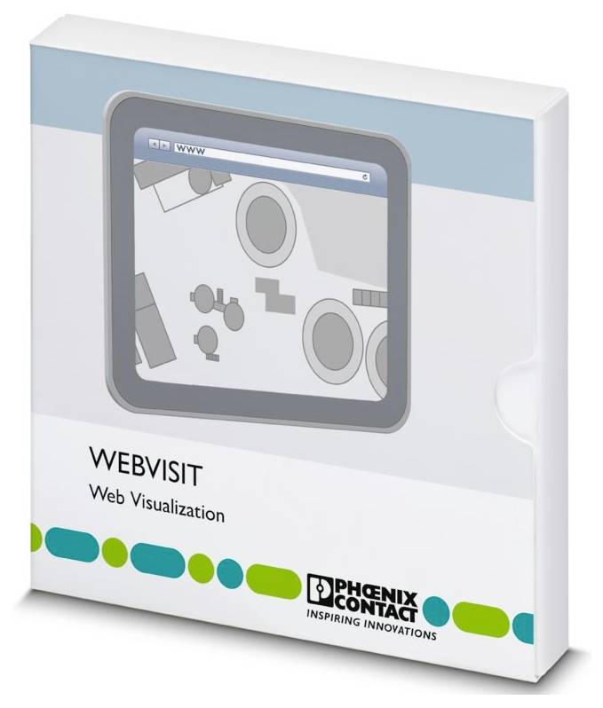 Softwarepaketierung für „WEBVISIT Web-Visualisierung" von Phoenix Contact, mit einem Computerbildschirm, auf dem Website-Elemente angezeigt werden.