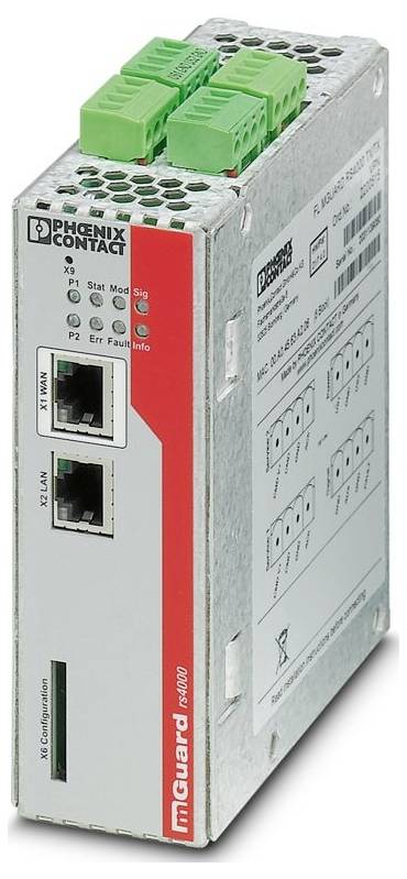 Ein metallisches Industriegerät mit der Bezeichnung „Phoenix Contact mGuard" mit mehreren Anschlüssen und Steckverbindern, das für Netzwerksicherheitsanwendungen verwendet wird.