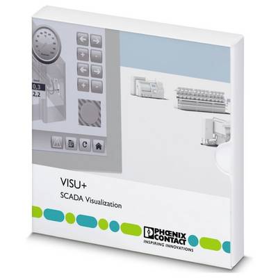 Softwarepaket für „VISU+ SCADA-Visualisierung" von PHOENIX CONTACT mit abstrakten Industriegrafiken und Firmenlogo.