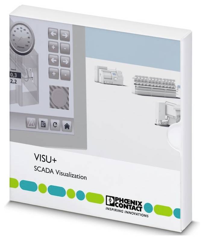 Kastenverpackung für „VISU+ SCADA Visualization" von Phoenix Contact mit industriellen Bedienfeldern und einem grafischen Oberflächendesign.