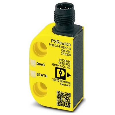 Ein gelber elektronischer Sensor mit der Bezeichnung "PSRswitch" mit Diagnose- und Statusindikatoren, QR-Code und einem Anschluss oben.