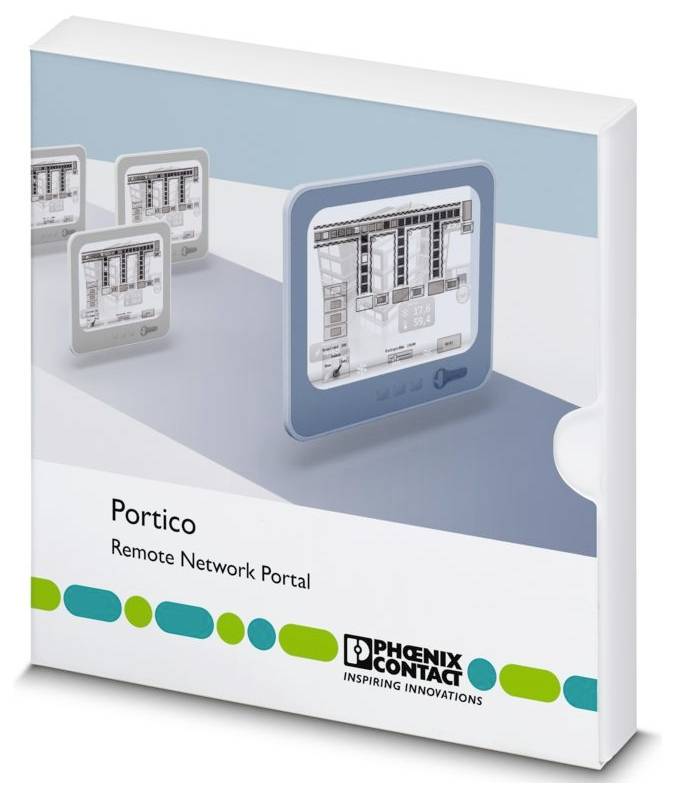 Softwarepaket „Portico Remote Network Portal" mit mehreren Computerbildschirmen, Netzwerkdiagrammen, Branding und Logo.