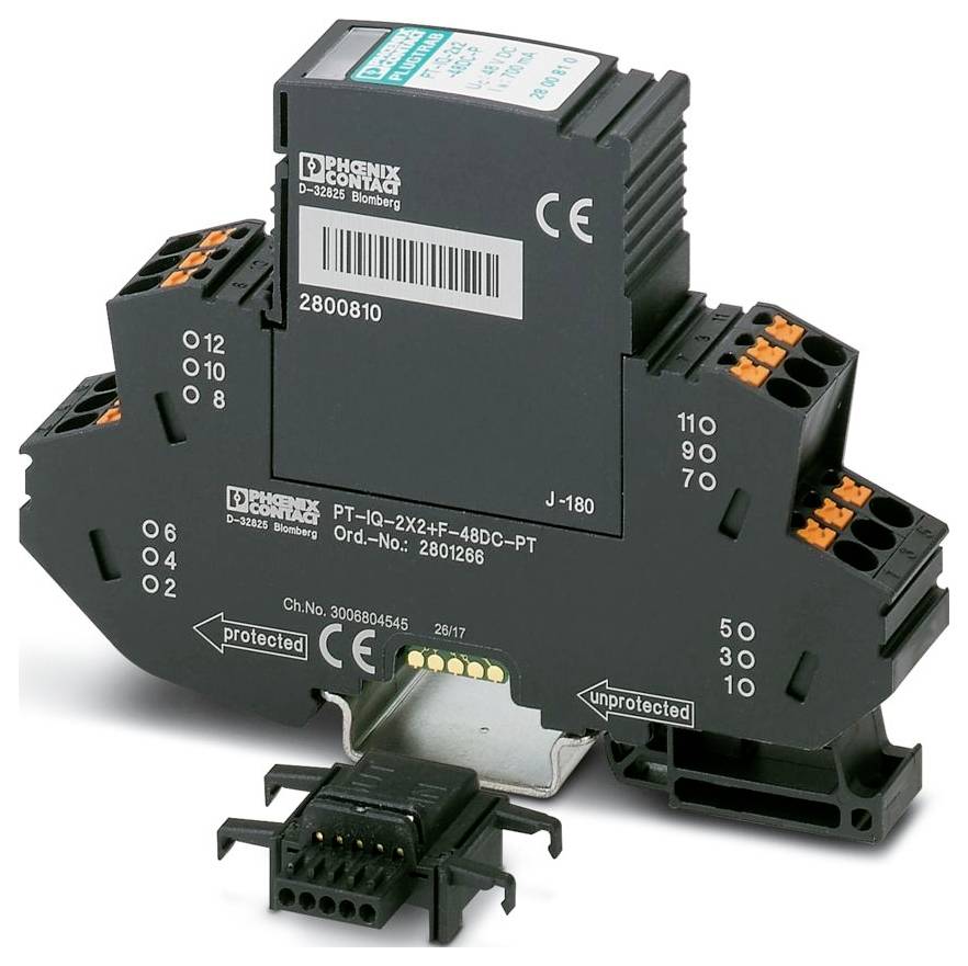 Phoenixkontakt-Klemmleiste mit der Bezeichnung PT-IQ-2X2-PTP, gezeigt mit Anschllussklemmen und Teilenummern, die auf dem Gerät sichtbar sind.