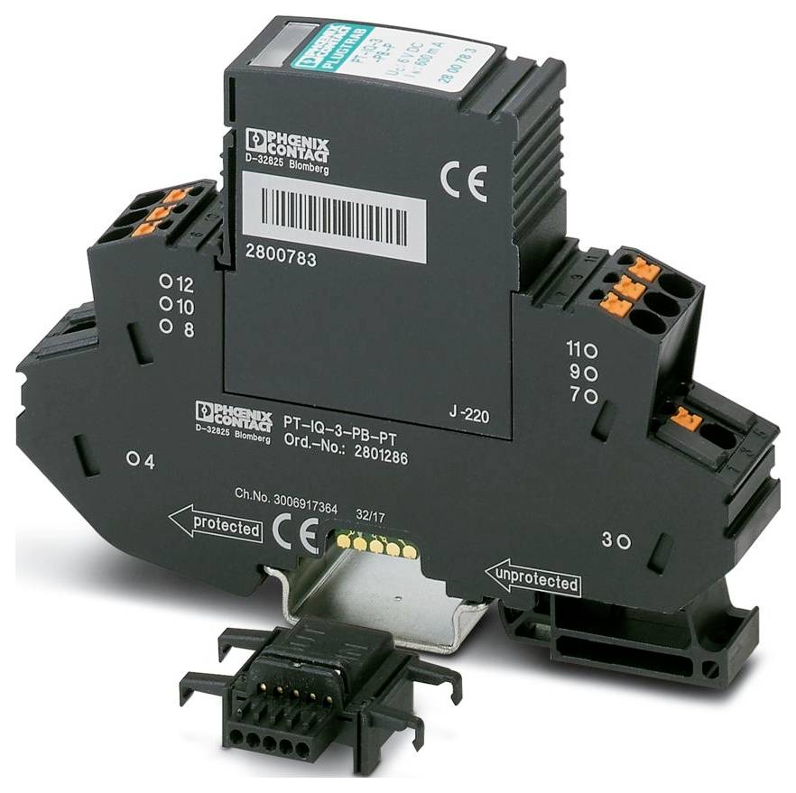 'Phoenix Contact PT-IQ-3-PB-PT' Überspannungsschutzgerät mit Steuerports und Beschriftungen. Entwickelt für elektrische Sicherheit in industriellen Umgebungen.