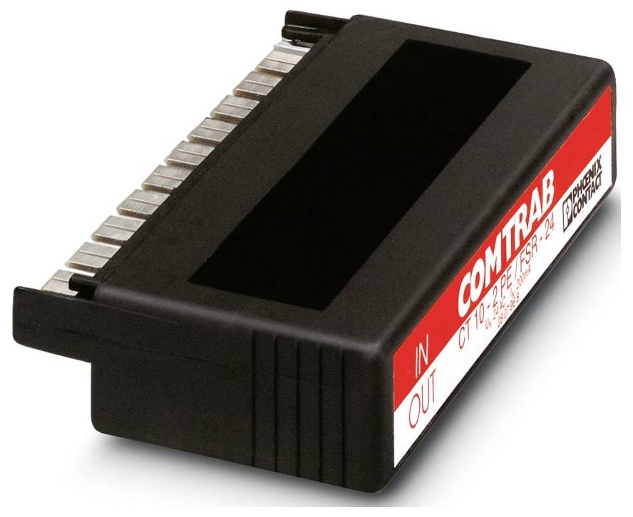 Ein schwarzes Comtrabb-Bauteil mit der Beschriftung "IN" und "OUT" mit metallischen Anschlüssen an der Seite, das für elektronische oder industrielle Anwendungen verwendet wird.