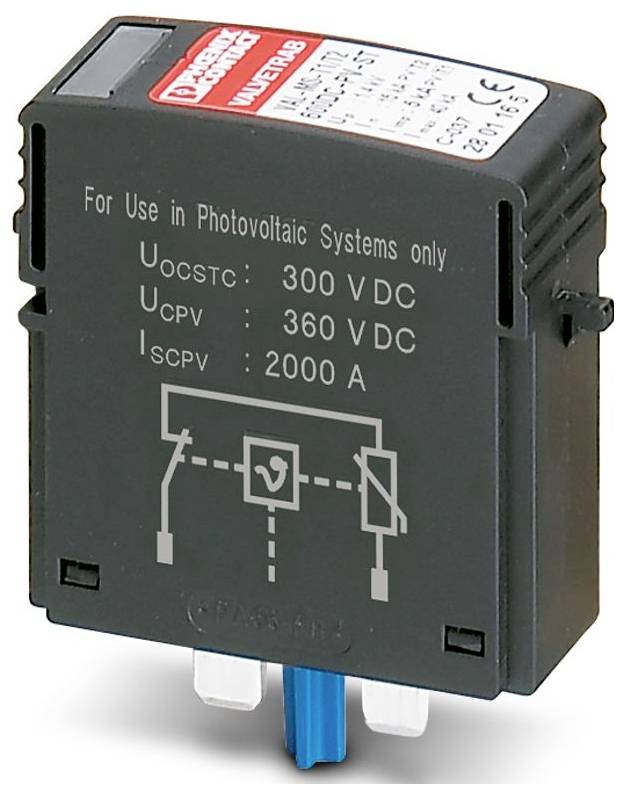 Schwarzes elektronisches Bauteil mit Kennzeichnung nur für die Verwendung in Photovoltaikanlagen, mit folgenden Spezifikationen: U_OCSTC 300 VDC, U_CPV 360 VDC, I_SCPV 2000 A.