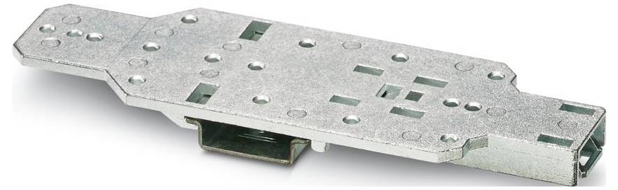 Ein metallischer rechteckiger Befestigungsadapter mit mehreren Löchern und Ausschnitten zur Komponentenbefestigung und Ausrichtung, von oben angewinkelt dargestellt.