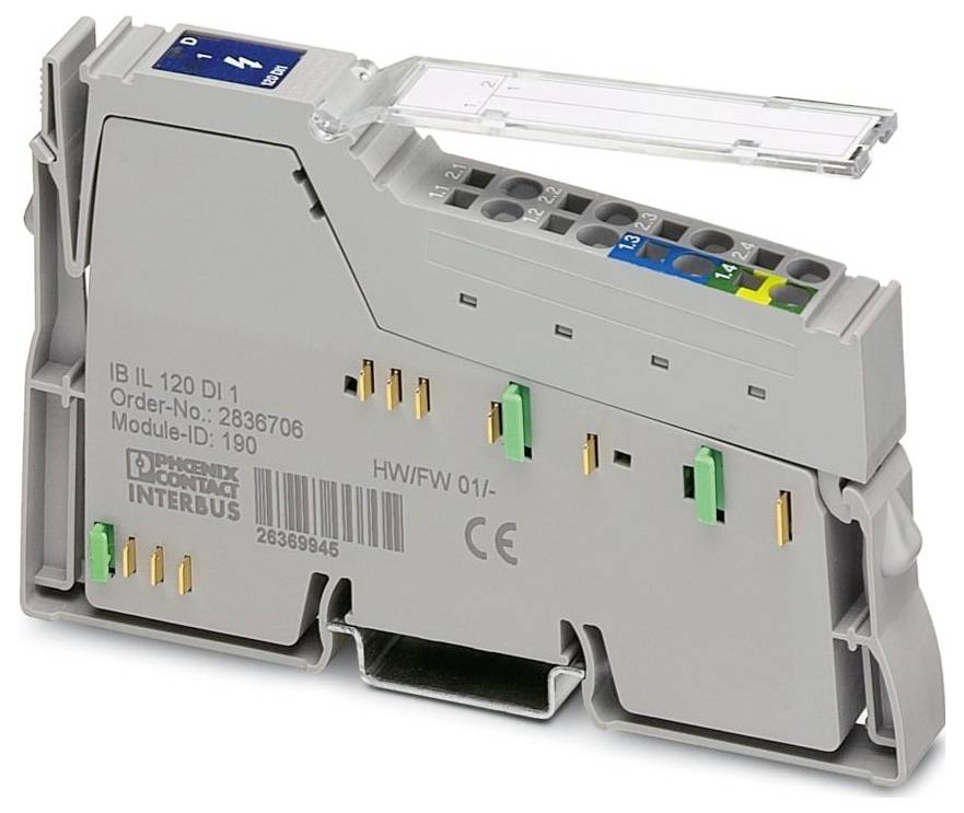 Ein graues Phoenix Contact Interbus-Modul mit Verbindungsanschlüssen und der Beschriftung „IB IL 120 DI 1", mit aufgedruckten Bestell- und Modulnummern.