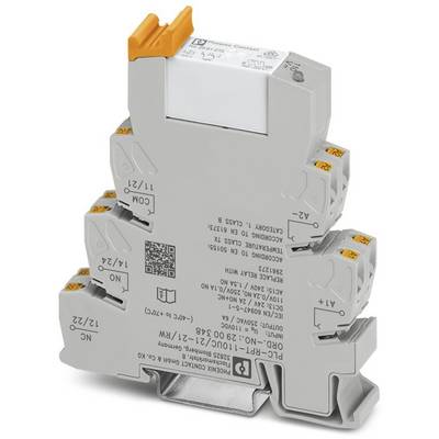 Ein graues Elektrorelaismodul mit orangefarbenen Anschlussblöcken, mit Kennzeichnungen und auf der Oberfläche gedruckten Spezifikationen.