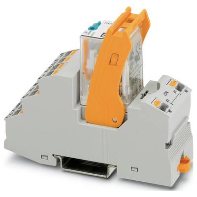 Ein Klemmblock mit einem orangefarbenen Hebel und angebautem Relaismodul, das für elektrische Verbindungen und Schaltungsverwaltung verwendet wird.