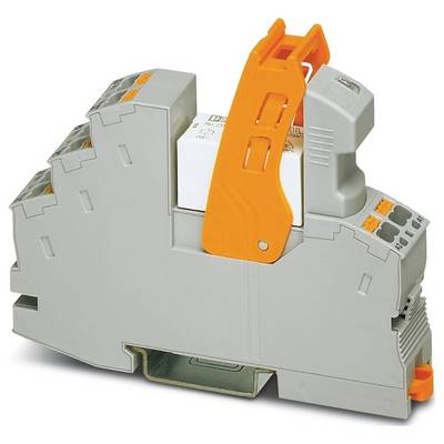 Elektrisches Relais mit grauem und orangefarbenem Gehäuse, geeignet für DIN-Schienenmontage. Konzipiert für industrielle Automatisierungsanwendungen.