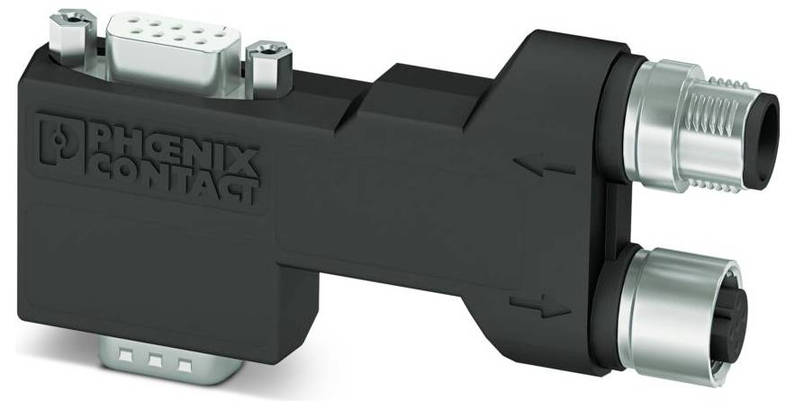 Ein schwarzer Phoenix Contact Industrie-Stecker mit zwei runden Metallsteckern auf der einen Seite und einem rechteckigen Mehrpolige Stecker auf der anderen Seite.