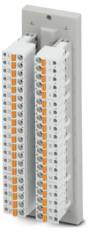 Ein Klemmenblock für elektrische Verbindungen mit zwei parallelen Reihen von nummerierten Anschlussports, jede Reihe von 1 bis 32 beschriftet, mit orangefarbenen Verriegelungshebeln.