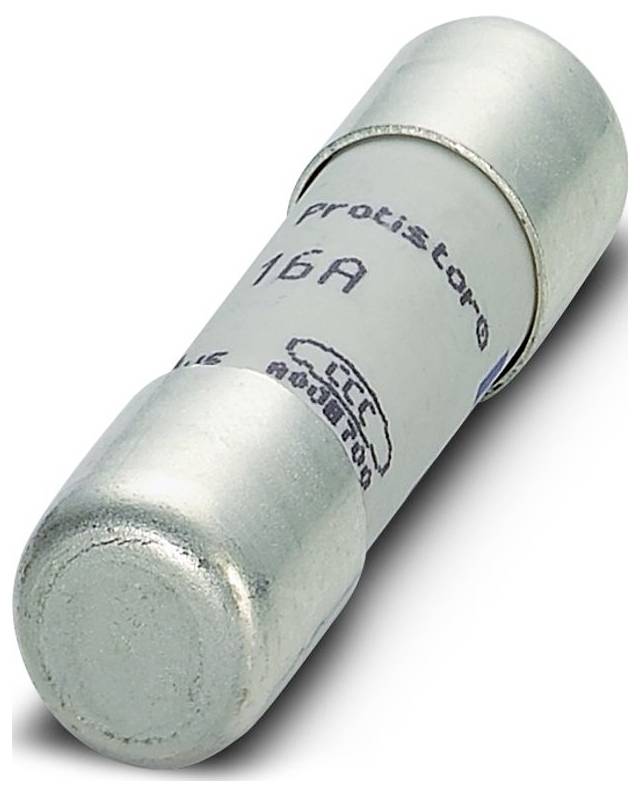 Eine zylindrische elektrische Sicherung mit der Aufschrift „16A" zur Schutzschaltung, mit metallischen Enden und einem weißen Körper mit Textmarkierungen.