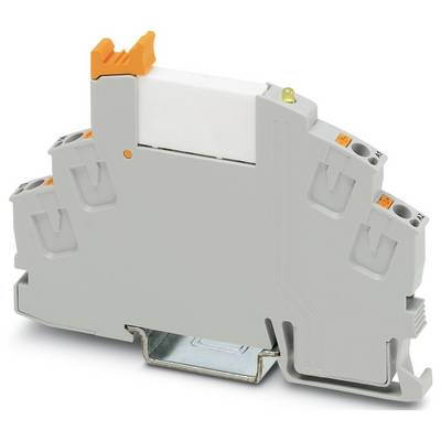 Ein graues, modulares Klemmenblöcke mit orangefarbigen Anschlüssen, das zur elektrischen Verdrahtung verwendet wird und auf einer Metall-DIN-Schiene montiert ist.