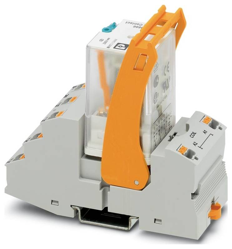 Ein grauer elektrischer Relais mit einem orangefarbenen Hebel und mehreren Anschlüssen, der zum Schalten von Schaltkreisen in industriellen Anwendungen verwendet wird.