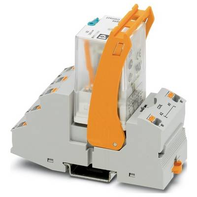 Ein grauer elektrischer Relais mit einem orangefarbenen Hebel und mehreren Anschlüssen, der zum Schalten von Schaltkreisen in industriellen Anwendungen verwendet wird.