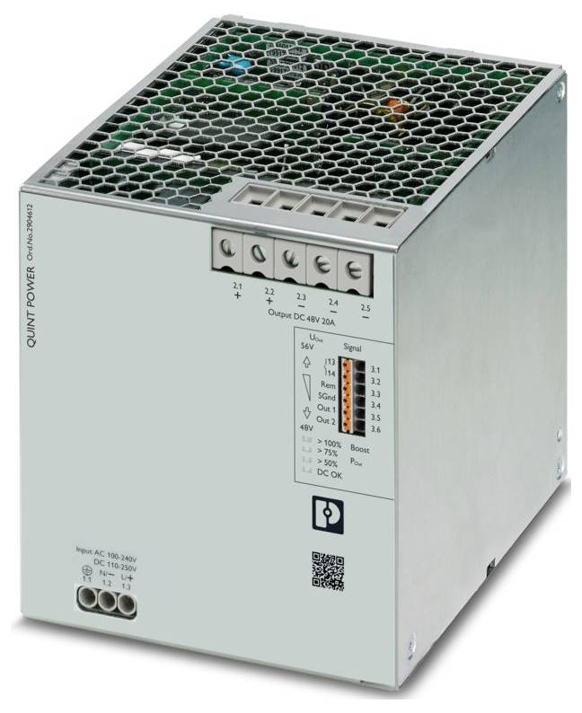 Eine Stromversorgungseinheit mit belüftetem Metallgehäuse, die Ausgangsklemmen, LED-Indikatoren und ein Etikett mit Spezifikationen für die Gleichstromausgabe zeigt.