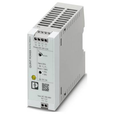 Ein QUINT POWER Gerät zur DIN-Schienenmontage mit Ausgangsspezifikationen von 24V 2,5A und Eingangsspannungsbereich von 100-240V AC.