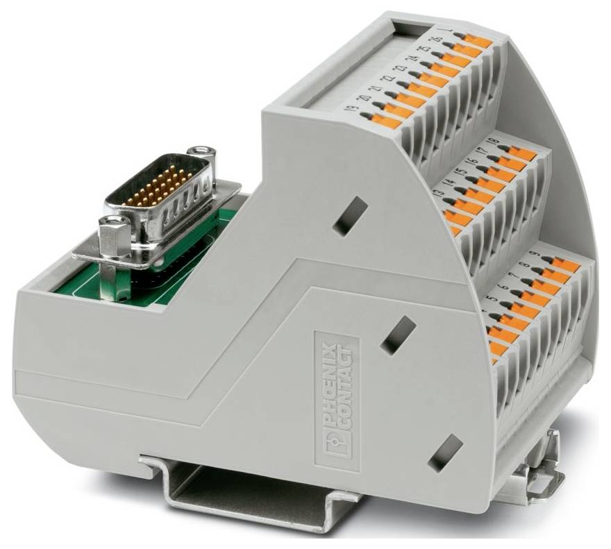Ein graues Phoenix Contact Klemmenbrett mit mehreren Anschlüssen und einem angebrachten DB-Stecker, das für industrielle Verdrahtungsanwendungen verwendet wird.