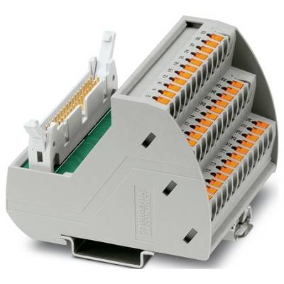 Ein kompaktes, graues Klemmenleistenblock mit drei Reihen orangefarbener Anschlüsse für die elektrische Verkabelung, ausgestattet mit einem Hebelmechanismus für sichere Befestigung.