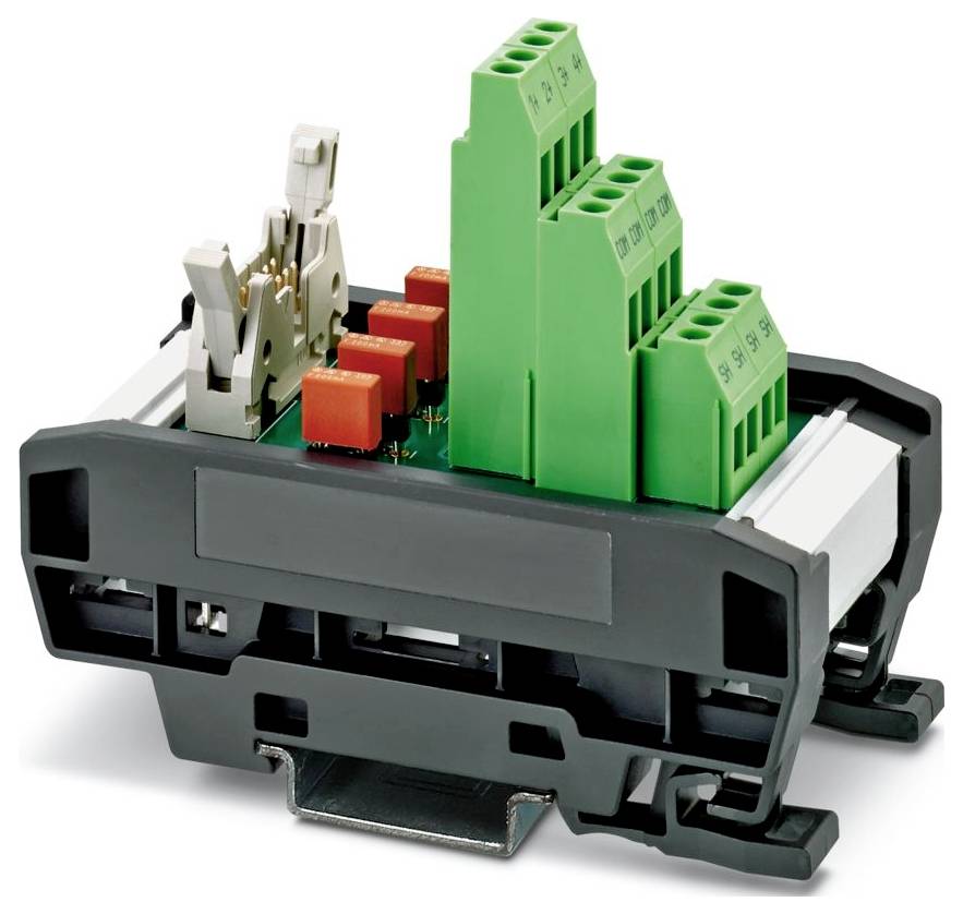 Eine technische Komponente mit grünen Anschlussblöcken und Anschlüssen auf einer schwarzen Grundplatte, die für elektrische oder elektronische Konfigurationen verwendet wird.