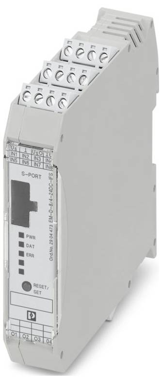 Industrie-Ethernet-Switch mit 5 Anschlüssen. Gekennzeichnet mit "PWR", "DAT" und "ERR", was Stromversorgung, Daten und Fehlerstatus anzeigt. Enthält eine Reset-/Set-Taste.
