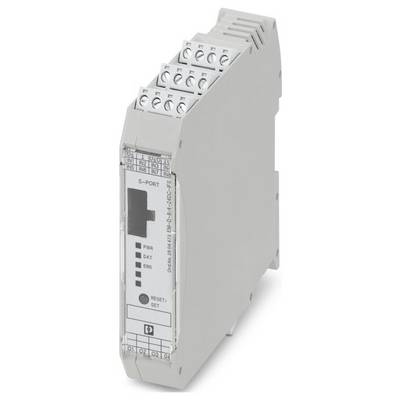 Industrie-Ethernet-Switch mit 5 Anschlüssen. Gekennzeichnet mit "PWR", "DAT" und "ERR", was Stromversorgung, Daten und Fehlerstatus anzeigt. Enthält eine Reset-/Set-Taste.