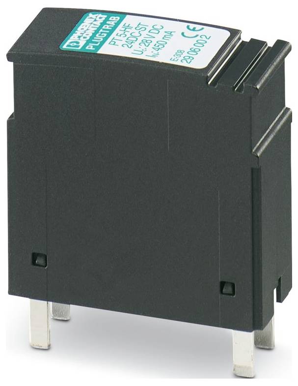 Eine schwarze rechteckige elektronische Komponente mit drei Metallstiften, gekennzeichnet mit „Phoenix Contact" und „PT 3-HF 120AC-ST".